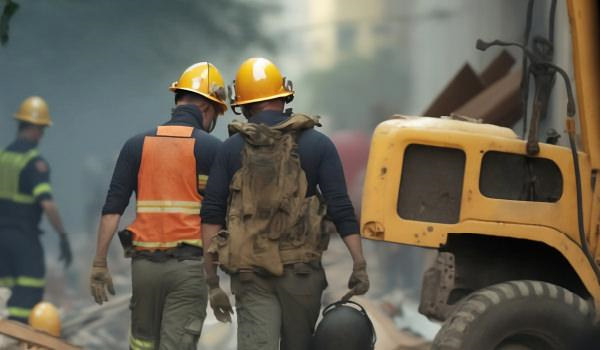 Two emergency response construction workers in hardhats and safety vests responding to a disaster recovery situation.