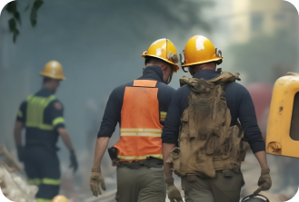 Disaster response workers in safety gear and helmets assessing a site.