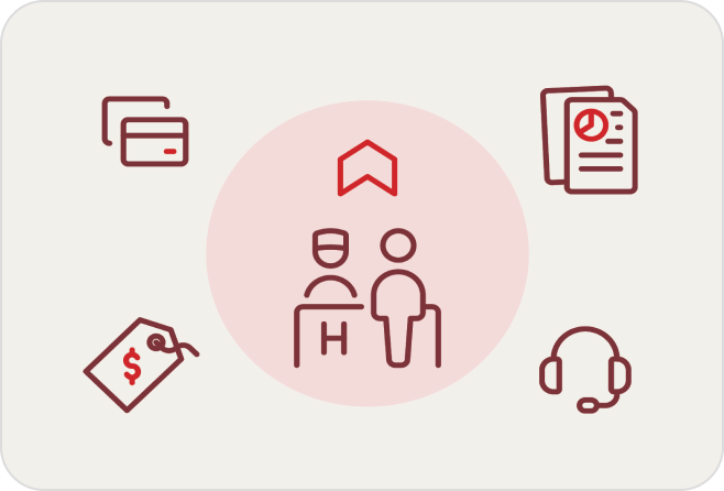 Icons representing full-service lodging management: credit card, documents, headset, price tag, and hotel staff.