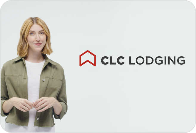 Sara standing next to CLC Lodging logo, highlighting no hidden fees with CLC services.