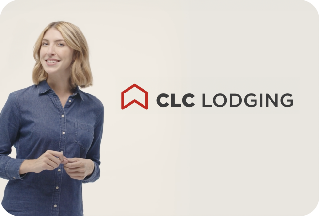 Sara standing next to CLC Lodging logo, promoting additional services like flights, rental cars, corporate housing, and payment solutions.